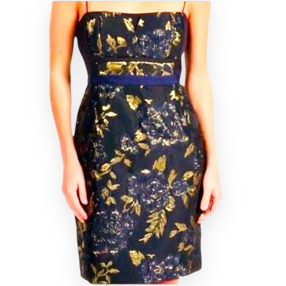 Textured Navy Blue Gold Metallic Leaves Sleeveless Formal Designer Dress NEW
